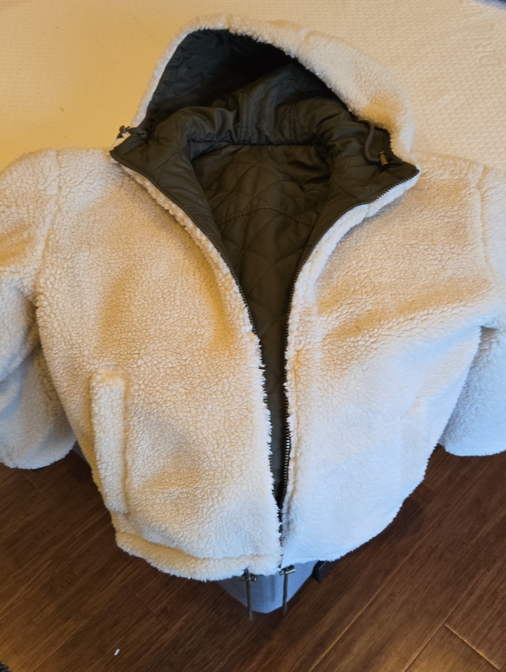 Lucky Brand Cream Sherpa Hooded Jacket with Olive Quilted Lining